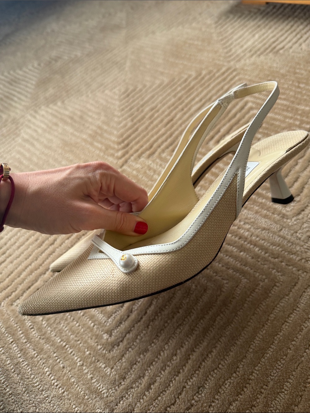Jimmy Choo Cream Pointed-Toe Slingback Mules with Pearl Trim - Picture 2 of 3